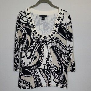 Vintage August Silk Paisley Knit Sweater Size L Black White Beaded Artsy
